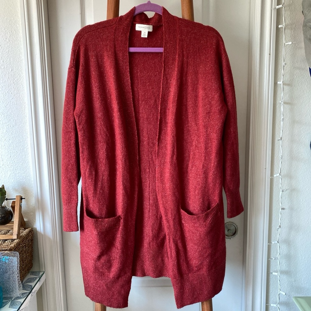 Long red cardigan